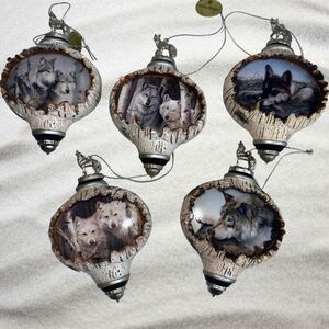 Bradford Editions Wolf Ornaments Set 5 Rusty Frentner Spirits of Forest Birch